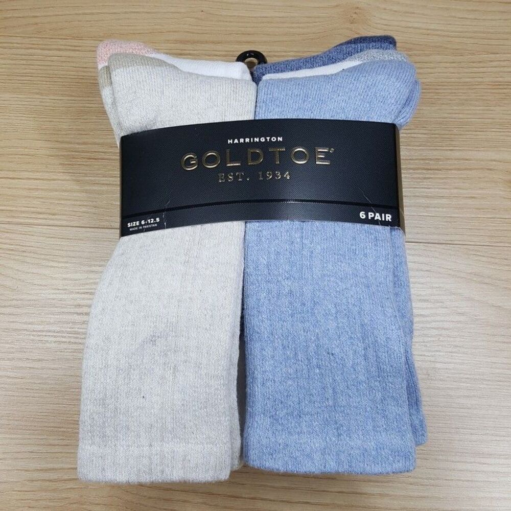 GOLD TOE Crew Socks Mens Blue White 6-Pack HARRINGTON Ribbed Cotton Knit
